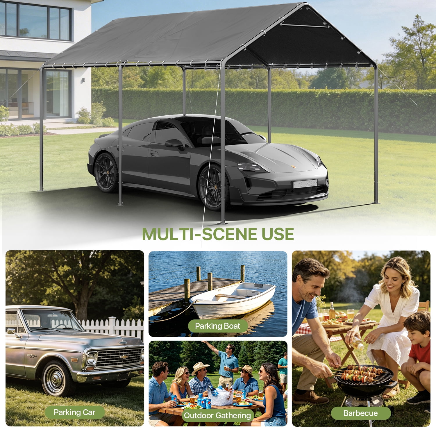 BaPiPro 10' x 15' Gray Gable Roof Carport Canopy, Heavy-Duty Galvanized Steel, Waterproof UV-Resistant PE Tent with Adjustable Height, 7-Level Wind Resistance for Car, Boat and Patio Storage