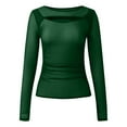 thumbnail image 4 of Lace Mesh Sheer Long Sleeve Tops for Women Crew Neck Cut Out Front Side Ruched Asymmetrical Hem Party Clubwear Fitted Tight T Shirts Blouses Green S, 4 of 5