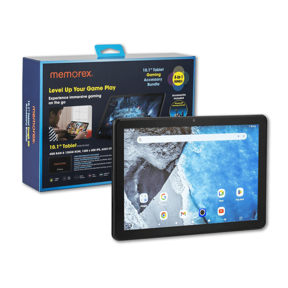 Pre-Owned Memorex Bonus 4-in-1 Gamer Bundle - 10.1" HD IPS Android 14 8-Core Tablet, 128GB Storage, 4GB RAM with Bonus True Wireless Gaming Earbuds, Braided 10ft USB-C cable & 128GB Flash Drive