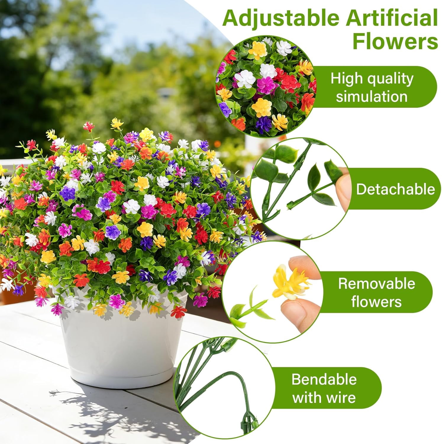 24 Bundles Artificial Flowers for Outdoors Decoration Fake UV Resistant Faux Plastic Greenery Eucalyptus Plants Spring Summer Garden Patio Indoor Outdoor Home Decor, Multicolor
