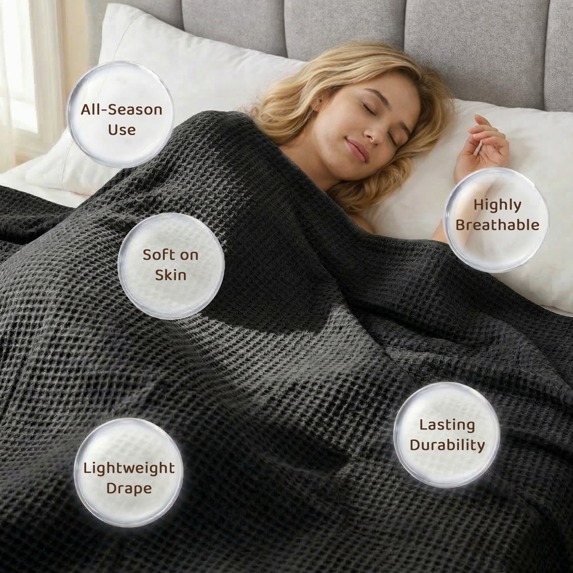 Loomsnest Ultra Soft Black Twin Waffle Blanket, 100% Cotton Blanket for Bed, Sofa & Couch, Waffle Weave All Season Throw for Hot Sleeper, Lightweight & Breathable, 60" x 90"