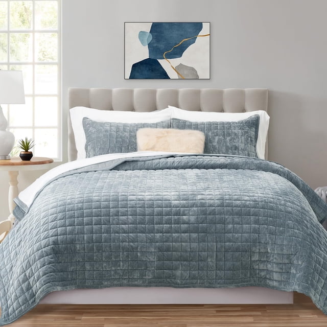 Juego de edredón RECYCO Luxury Velvet King Size Blue Linen