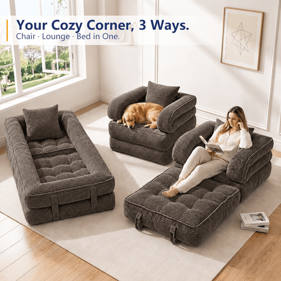 COTOSOF Modular Corduroy Floor Couch with Armrest, Convertible Lazy Sofa Bed, Multi-Purpose Foldable Low Profile Daybed for Small Space, Bedroom, Living Room