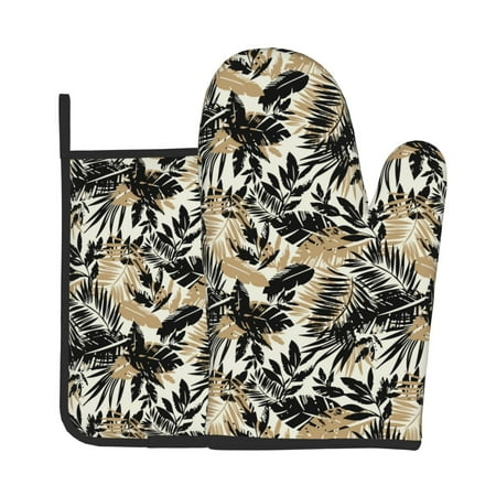 

Zeuib Black Palm Leaves Print Oven Mitt & Pot Holder Set 2-Pack Kitchen Gloves and Hot Pads for Cooking BBQ Grilling Baking