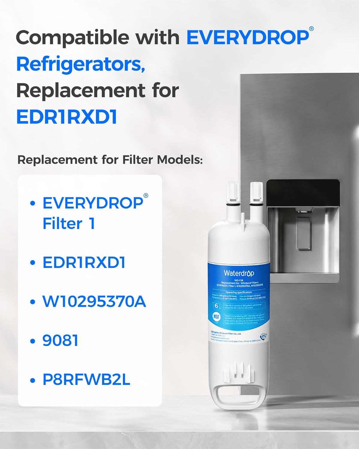 Waterdrop EDR1RXD1 Replacement for Everydrop® Filter 1,W10295370A, EDR1RXD1B, P8RFWB2L, P4RFWB, Kenmore® 46-9081, 46-9930, WD-F38 Refrigerator Water Filter, 3 Pack