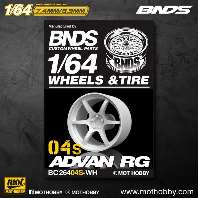 BNDS 1/64 ABS Wheels Rubber Tires by WHITE Assembly Rims Modified Parts JDM VIP Style for Model Car Vehicle 4pcs Set S BC26404S-WH