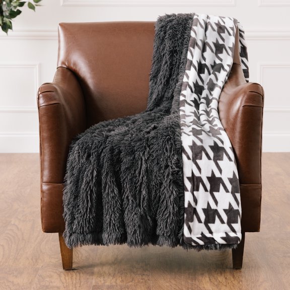 Chanasya Soft Longfur Fuzzy Houndstooth Flannel Fleece Throw Blanket - Super Plush Cozy Warm Modern Reversible Blanket for Sofa Chair Couch Bed and Living Room Blanket (50"x65") Dark Gray