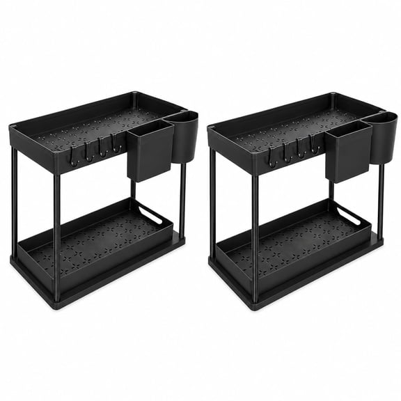 RNKR 2-Tier Under Sink Organizer with Sliding Drawer, Multi-Purpose Metal Storage Rack for Kitchen, Bathroom, Space Saving, Black (2 Pack)