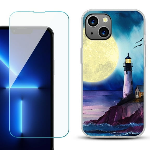 OneToughShield ® for iPhone 15 Plus Shockproof Phone Case, with Tempered Glass Screen Protector - Lighthouse Moon