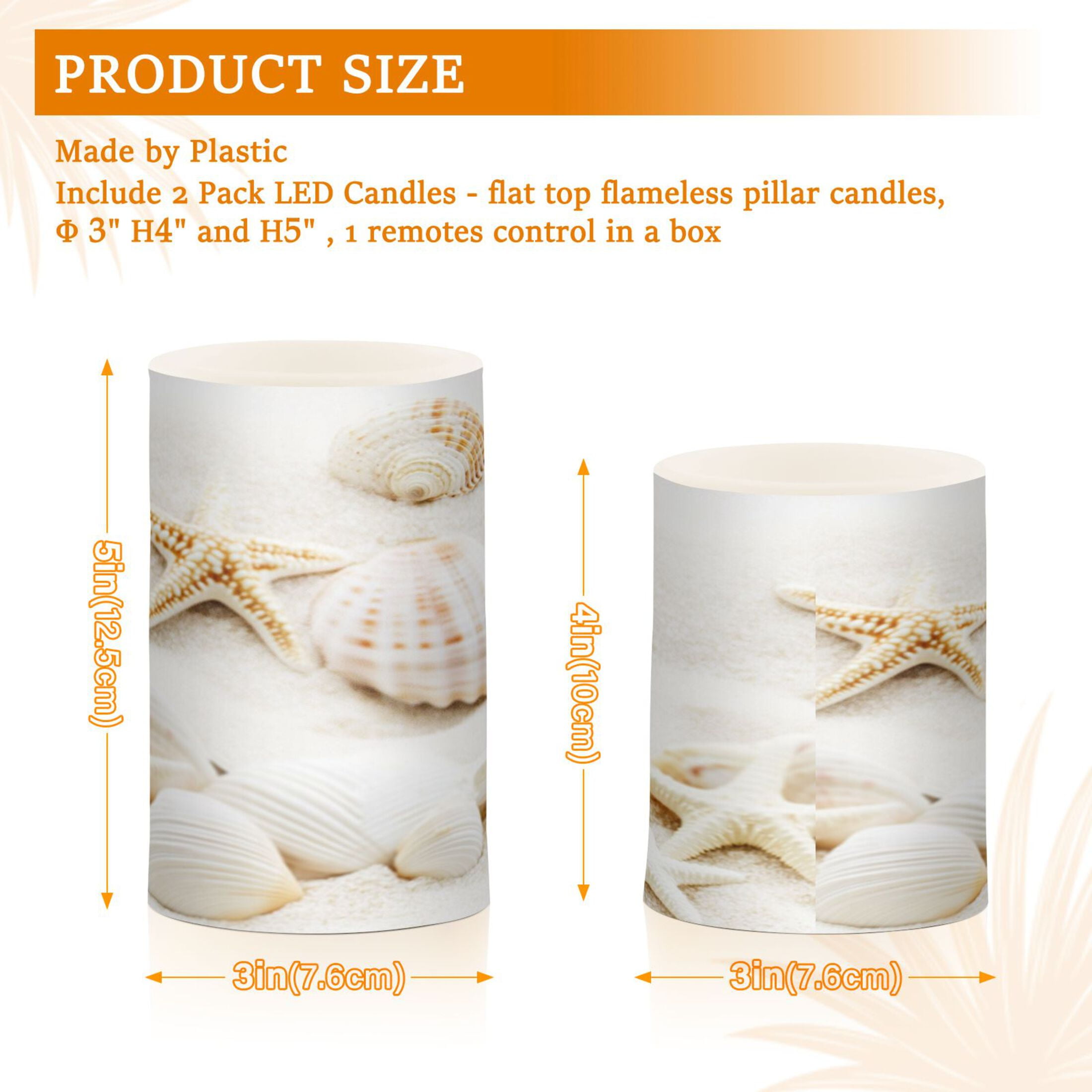 Flameless Candles Lights, Pack of two LED Lights, Dimmable LED Pillar Candles Battery Operated, Flames Remote Control Seashells and Starfish White