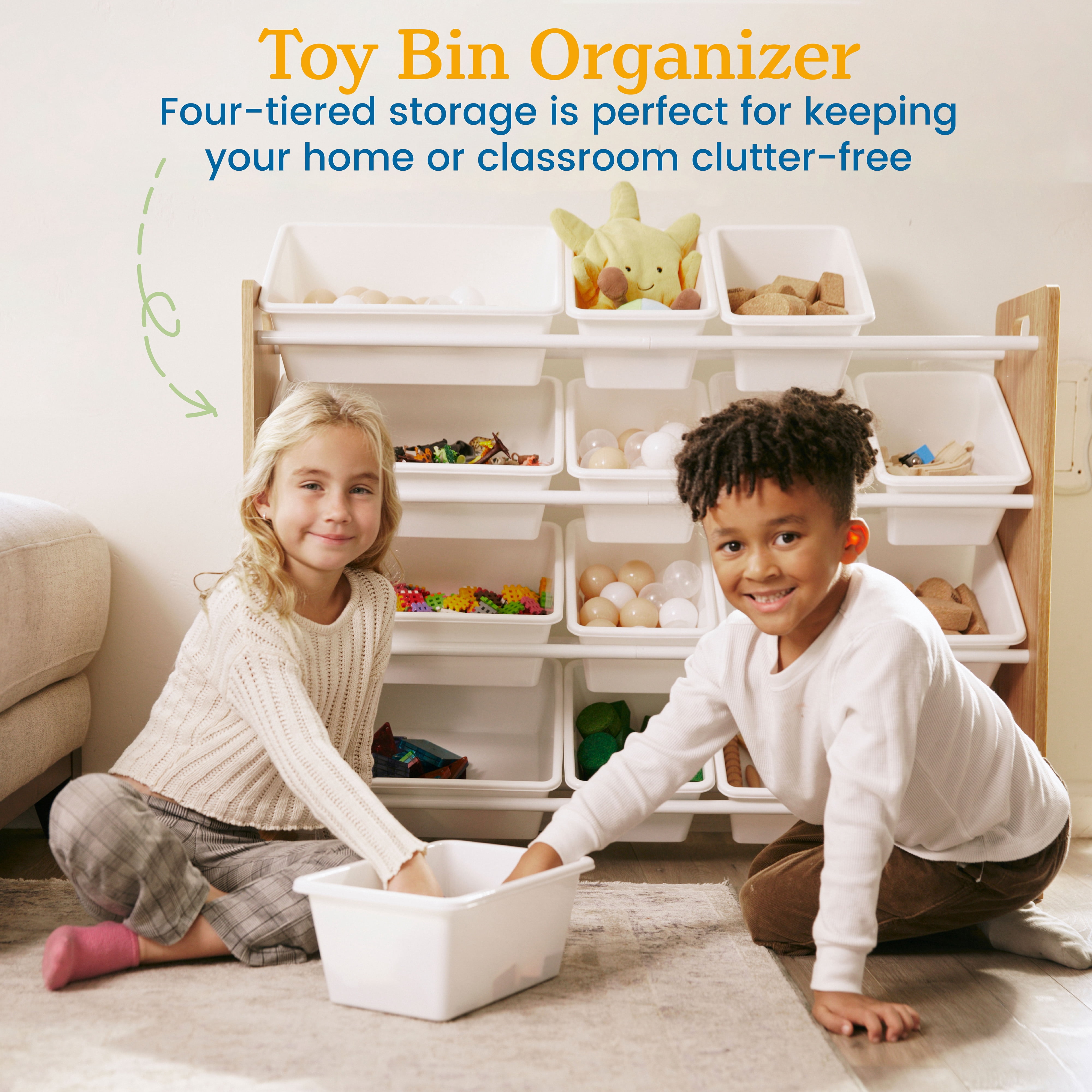 ECR4Kids 4-Tier Organizer with 16 Removable Plastic Bins, 4x4, Toy Storage, Dark Natural/White