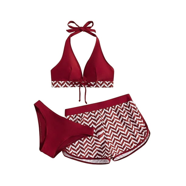 Cethrio Bathing Suit for Women Solid Strap Deep V Sexy Split Set Three