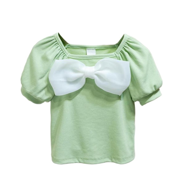 NAISIBABY Girls Short Sleeve Tees (6M-8T), Square Neck Cotton Cute Bow Kids Summer Casual Fashion T-Shirt 7T
