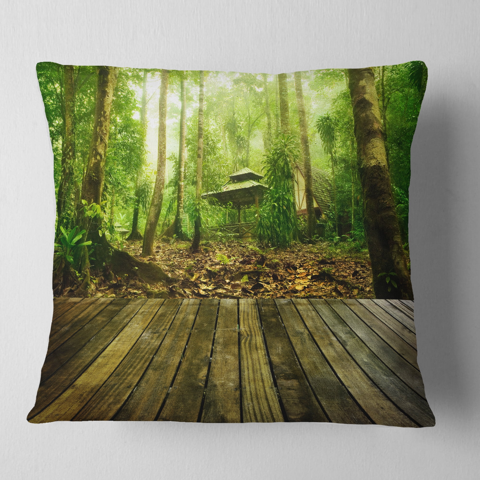 Designart Wooden Platform in Green Forest - Landscape Photography Throw Pillow - 18x18