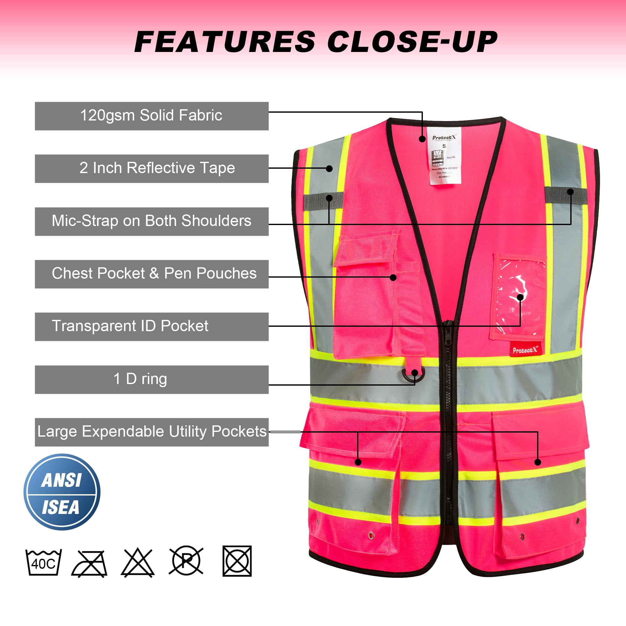 ProtectX Hi Vis Reflective Safety Vest for Men Women High Visibility Construction Work Vest with Pockets Zipper Class 2 Pink 3X-Large