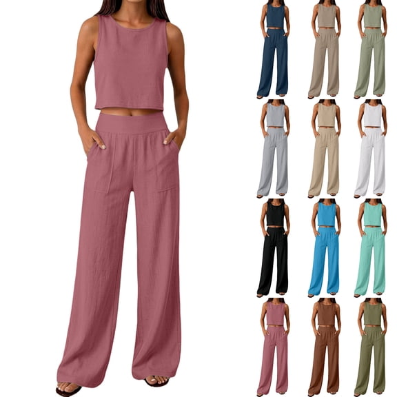 Women's Summer 2 Piece Outfits Set Solid Color Round neck Sleeveless Tank Crop Top Wide Leg pants Set Pockets White XL(XL)