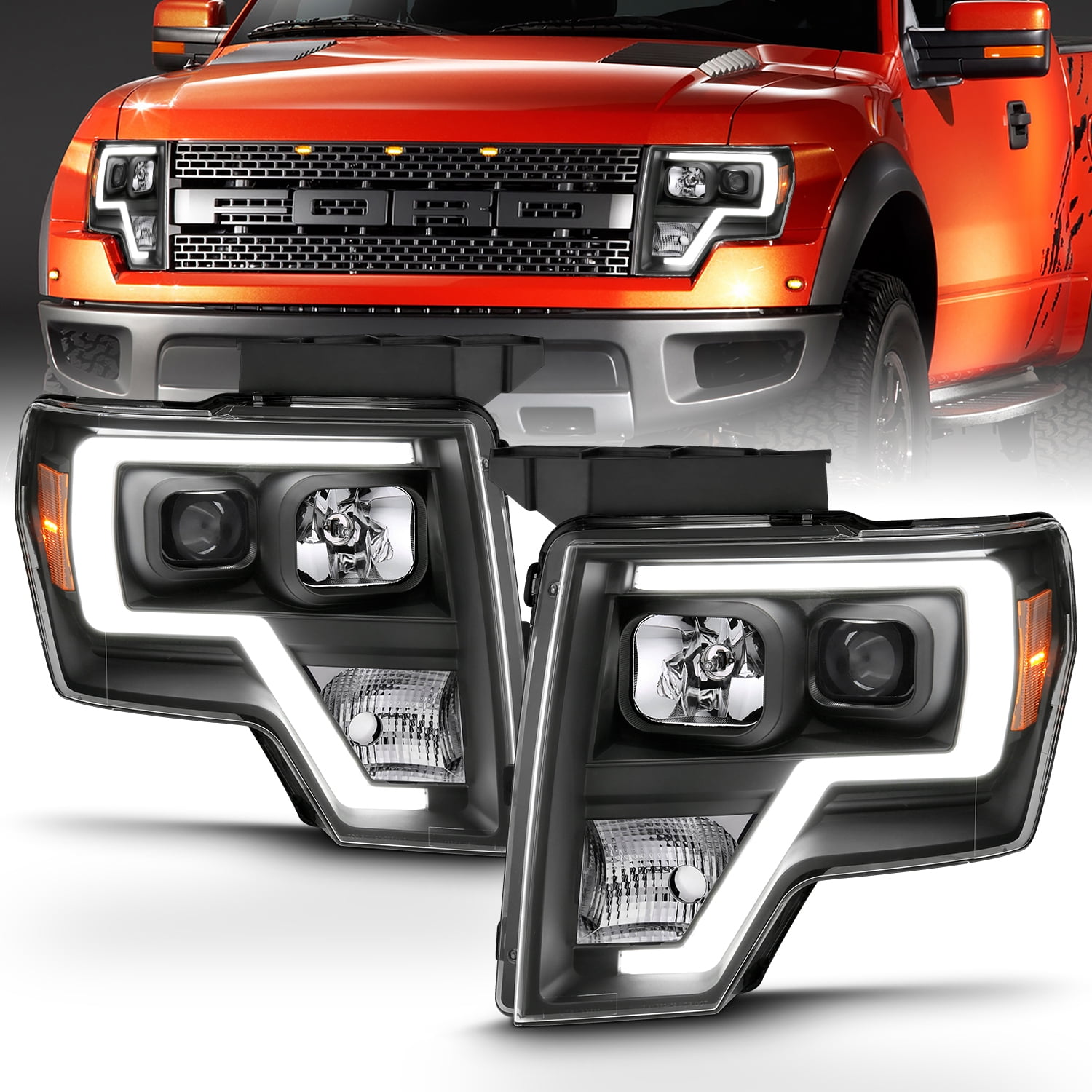 High/Low Beam Bulb Included Pair AmeriLite Black Projector Headlights LED Bar Set for Ford F150 