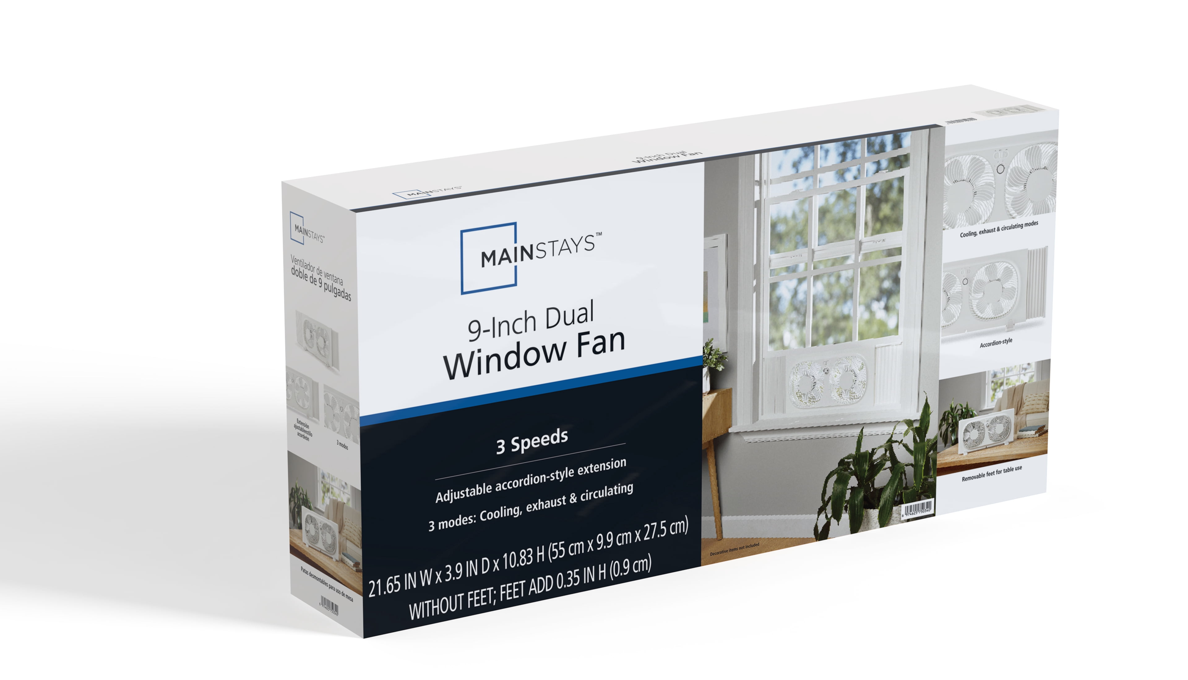 Mainstays 9'' 3-Speed, Reversable Twin Window Fan, White