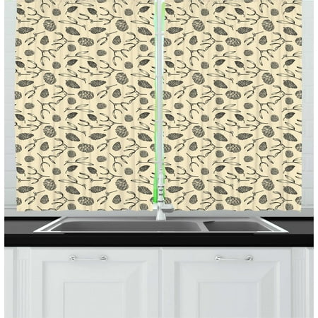 Berry Tree Set - Pine Cone Curtains 2 Panels Set, Poinsettia Mistletoe Berry Branch Spruce Tree Twigs Growth Woodland Theme Print, Window Drapes for Living Room Bedroom, 55W X 39L Inches, Cream Taupe, by Ambesonne