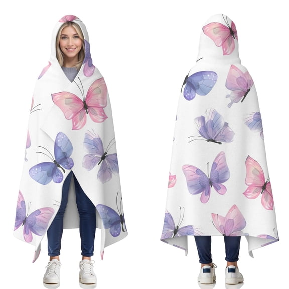 Wearable Blanket,White Background Butterfly Pattern Hooded Wearable Flannel Blanket for Adults & Teens,Winter Poncho Shawl Wrap Cape Cozy Anti-Pill,50"x60"