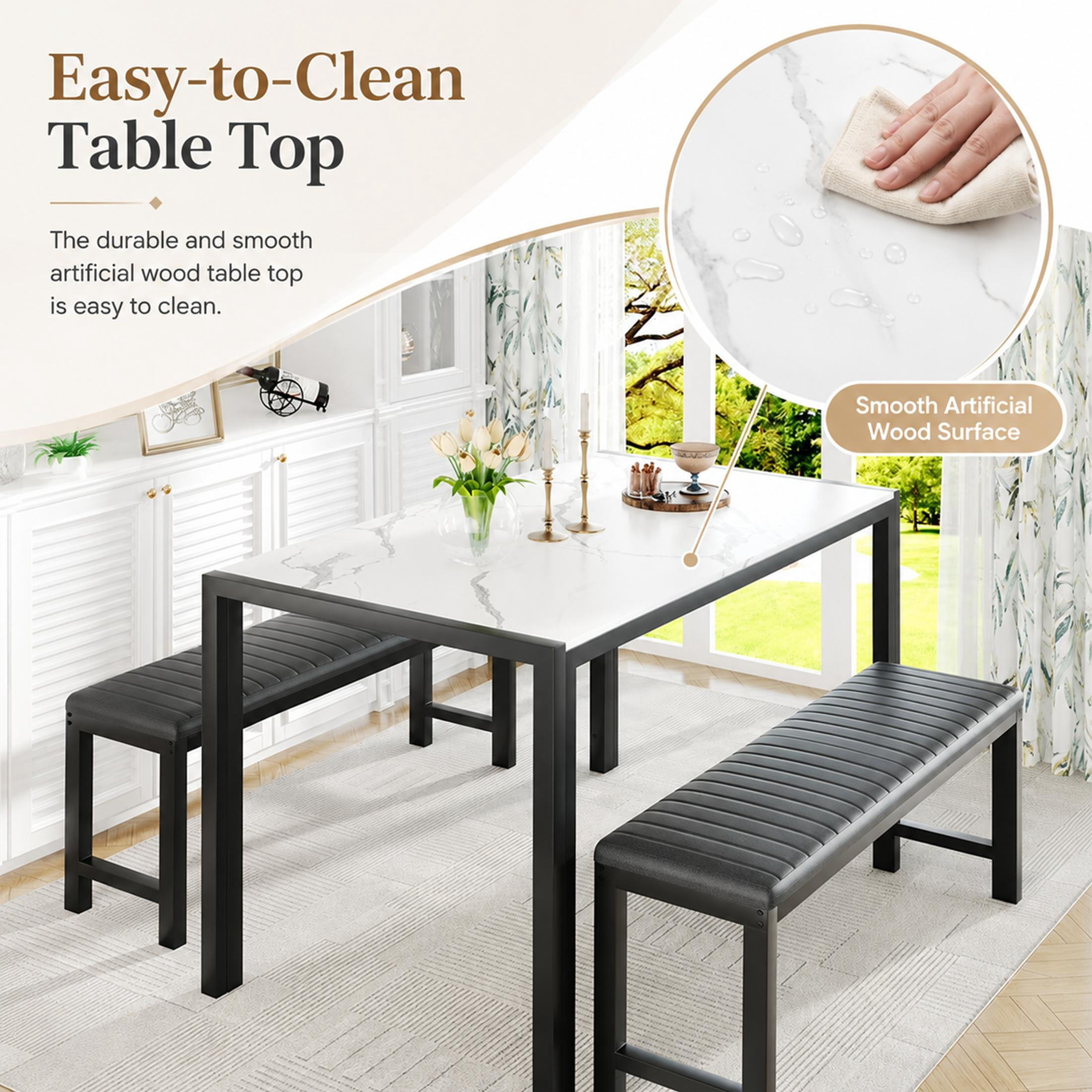 UHOMEPRO Dining Table Set for 4, Kitchen Table with 2 Benches, Modern Dining Room Table Set with Metal Frame, Breakfast Nook Furniture Set for Home Cafeteria Bar Kitchen, White+Black
