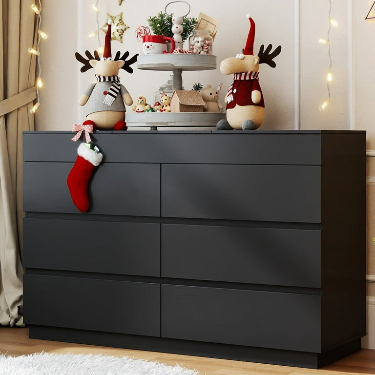 Ktaxon 6 Drawer Double Dresser with Mirrow Wood Dresser Storage Cabinet Drawer Organizer Chest of Drawers, Black