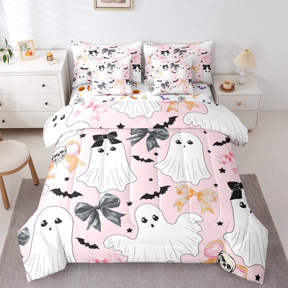 Castle Fairy Kawaii Ghost Girl 7-Piece Twin Bedding Sets,Halloween Skull Bedding Comforter Set,Cute Bowknot Breathable Sheet Sets,Luxury Bedroom Decor