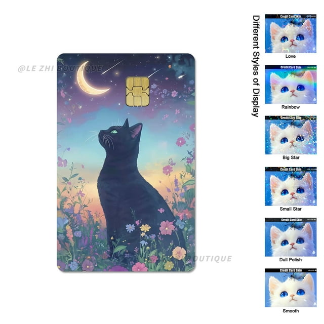 Cute Black Cat Cartoon PVC Film Skin Sticker for Debit Card Credit Bank Card Sticker Shining Rainbow Stars Love Card Sticker