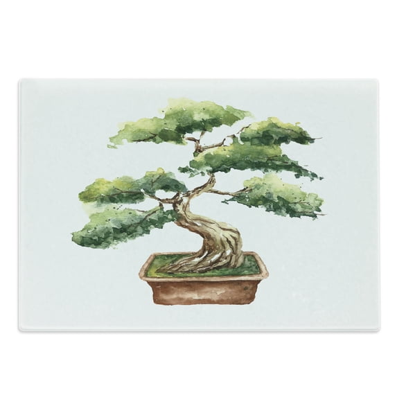 Garden Cutting Board, Watercolor Style Bonsai Hand Drawn Japanese Tree Eastern Nature Inspired Image, Decorative Tempered Glass Cutting and Serving Board, Large Size, Pale Brown Green, by Ambesonne