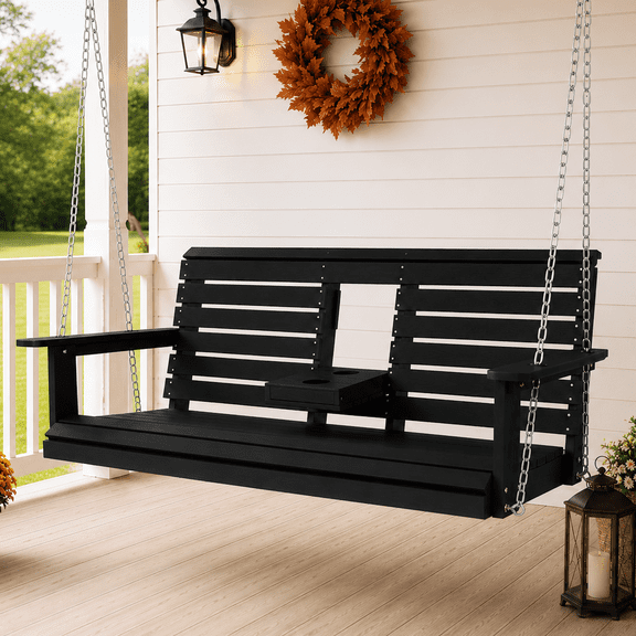 Mosbrisa Poly Lumber 3-Seat Porch Swing, HIPS 5-ft Bench Swing with Foldable Cup Holders,18/8 Stainless Steel Hardware, High Backrest and Deep Contoured Seat, Black