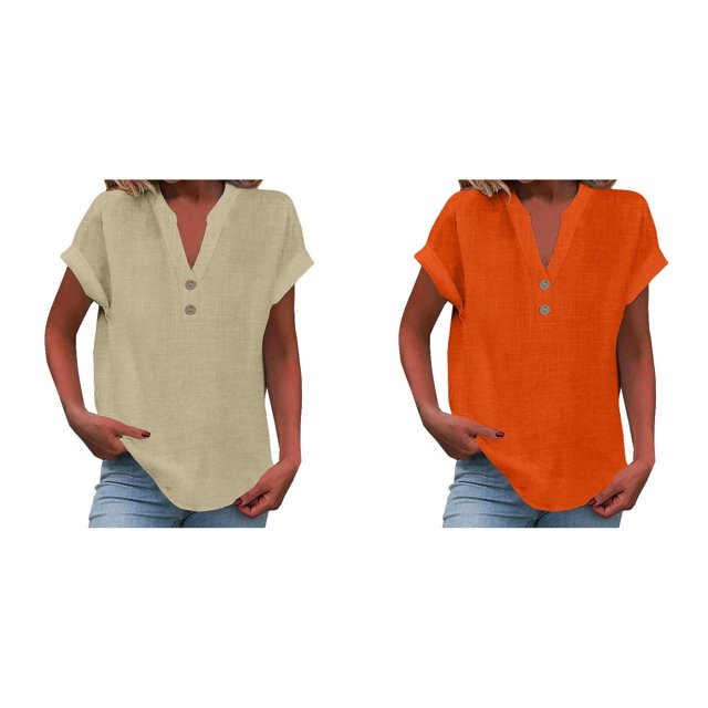 (2-Pack) Rinsvye Womens Solid Color Mandarin Collar Button Down Short Sleeve Blouse Women Clothing Summer Casual Wear