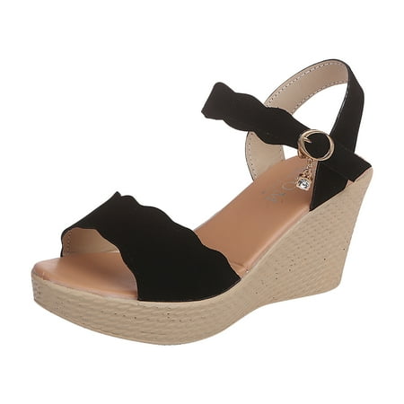 

Fesfesfes Wedges For Women s Summer One-line Color Sandals With Rhinestones Platform Wedges 5.5(36)