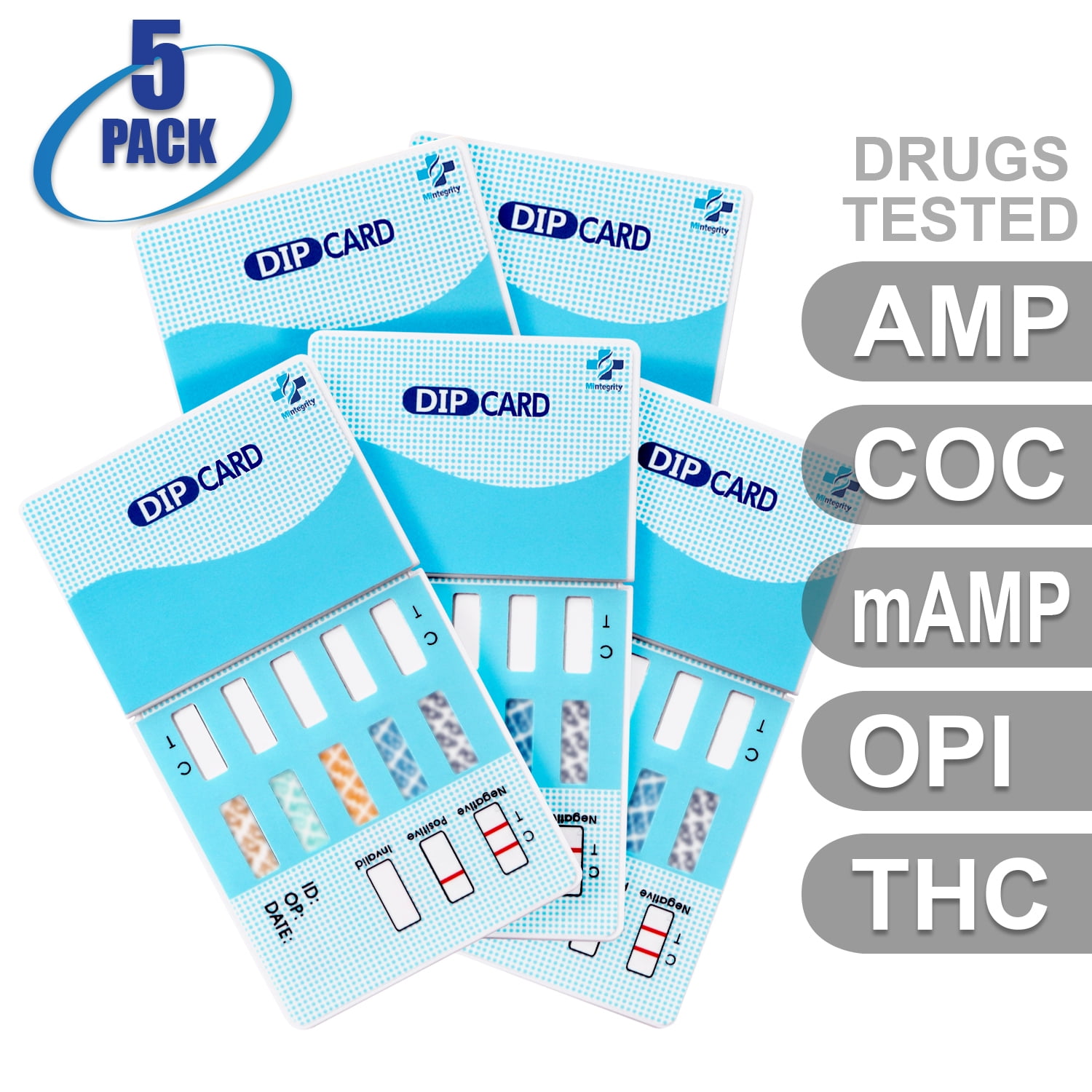 Mintegrity [5pk] - 5-Panel Dip Card Instant Urine Drug Test - Amphetamine (AMP), Cocaine (COC), Meth/Methamphetamine (mAMP/MET), Opiates (OPI), Marijuana/Cannabinoids (THC) #MI-WDOA-254