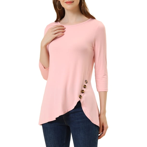 INSPIRAR CHIC Blusas de Mujer Cuello Redondo de Manga 3/4 con Botones Decorativos y Dobladillo Irregular Estilo Casual XS Rosa Claro