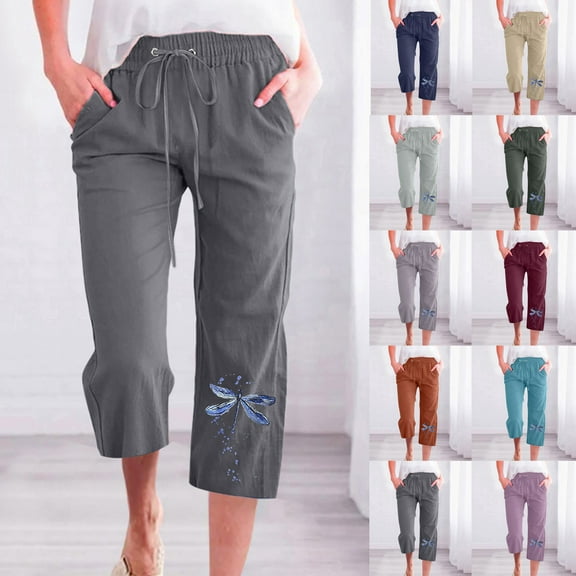 Utoimkio Women's Linen Capri Pants High Waisted Drawstring Straight Leg Lounge Pants Casual Loose Trousers with Pockets
