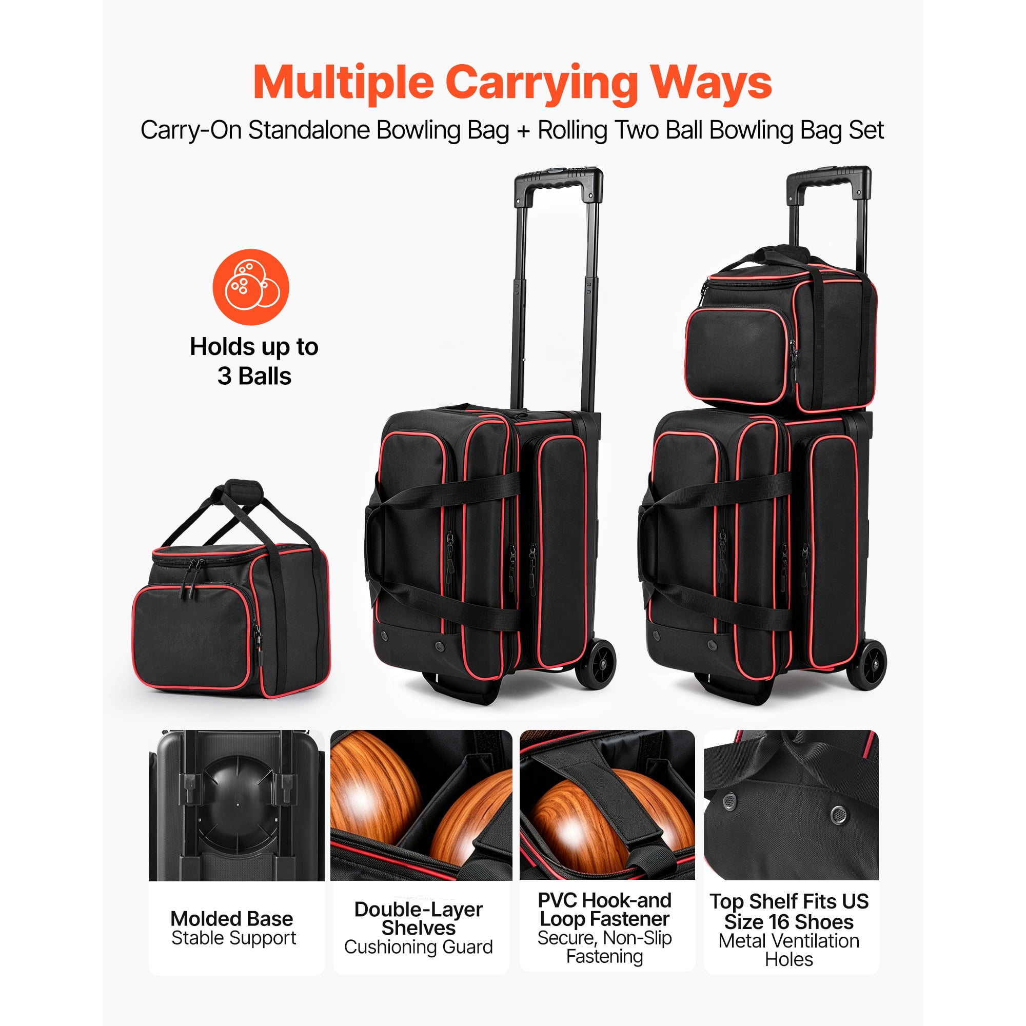 KFFKFF 3-Ball Bowling Bag with Wheels, Shoe Compartment for Sizes Up to US Men 16, Rolling Bag with Accessory Pocket and 40-Inch Retractable Handle