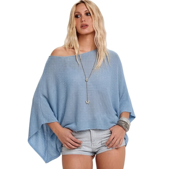 LMLYSoH Women's Summer Knit Poncho Solid Color Boat Neck Loose Fit Draped Bat Sleeve Pullover Trendy Tops Streetwear