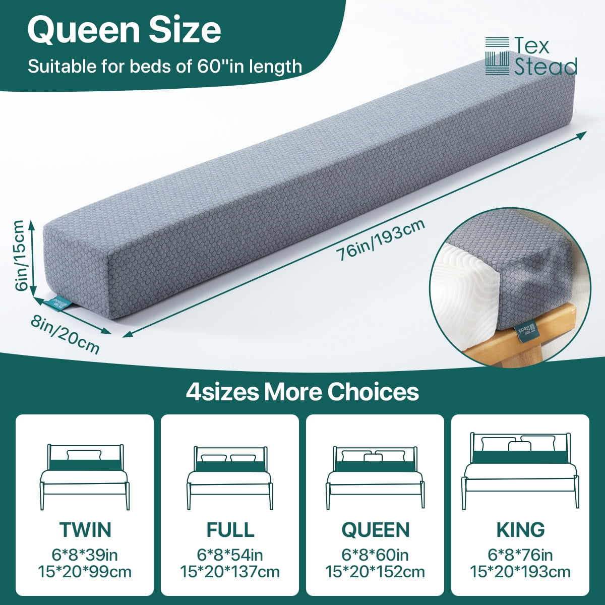 CHARRYARN By TexStead Bed Gap Filler Square Pillow Headboard Cushion (Light Gray, King)