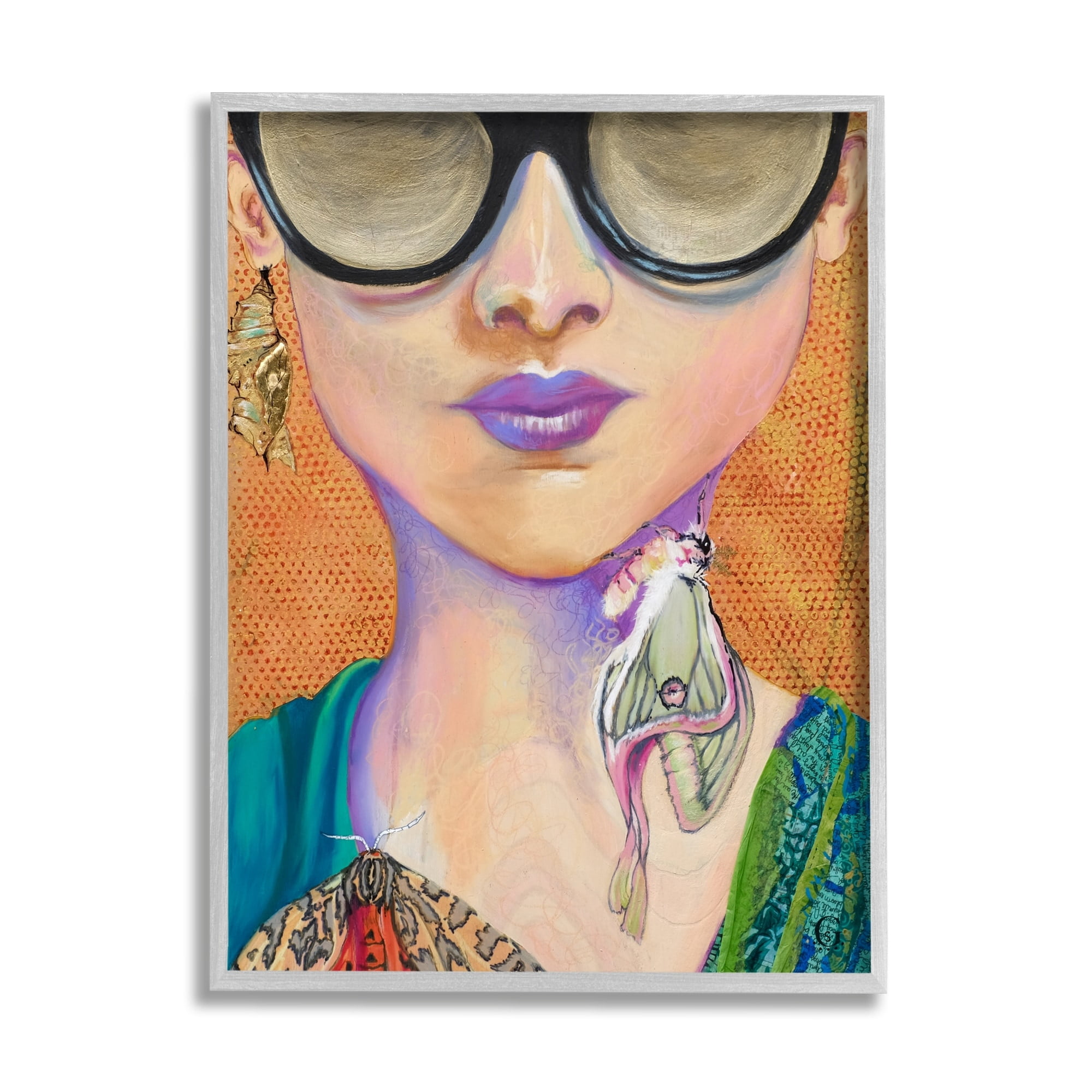 Stupell Industries Woman Wearing Butterfly Insect Jewelry Sunglasses Painting Painting Gray Framed Art Print Wall Art, Design by Stacy Gresell