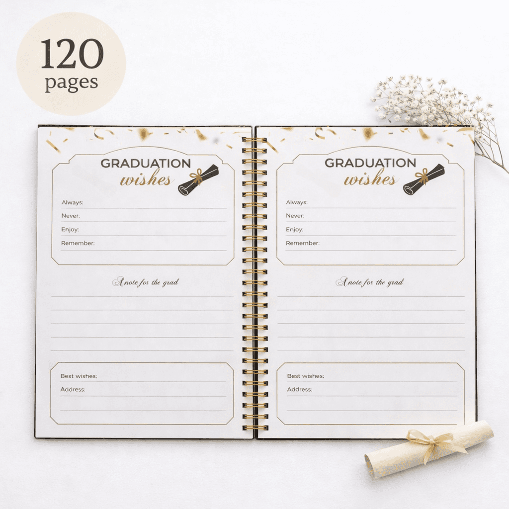 Graduation Guest Book - Black Hardcover - Gold Spiral Binding - 120 Pages - Grad Guestbook