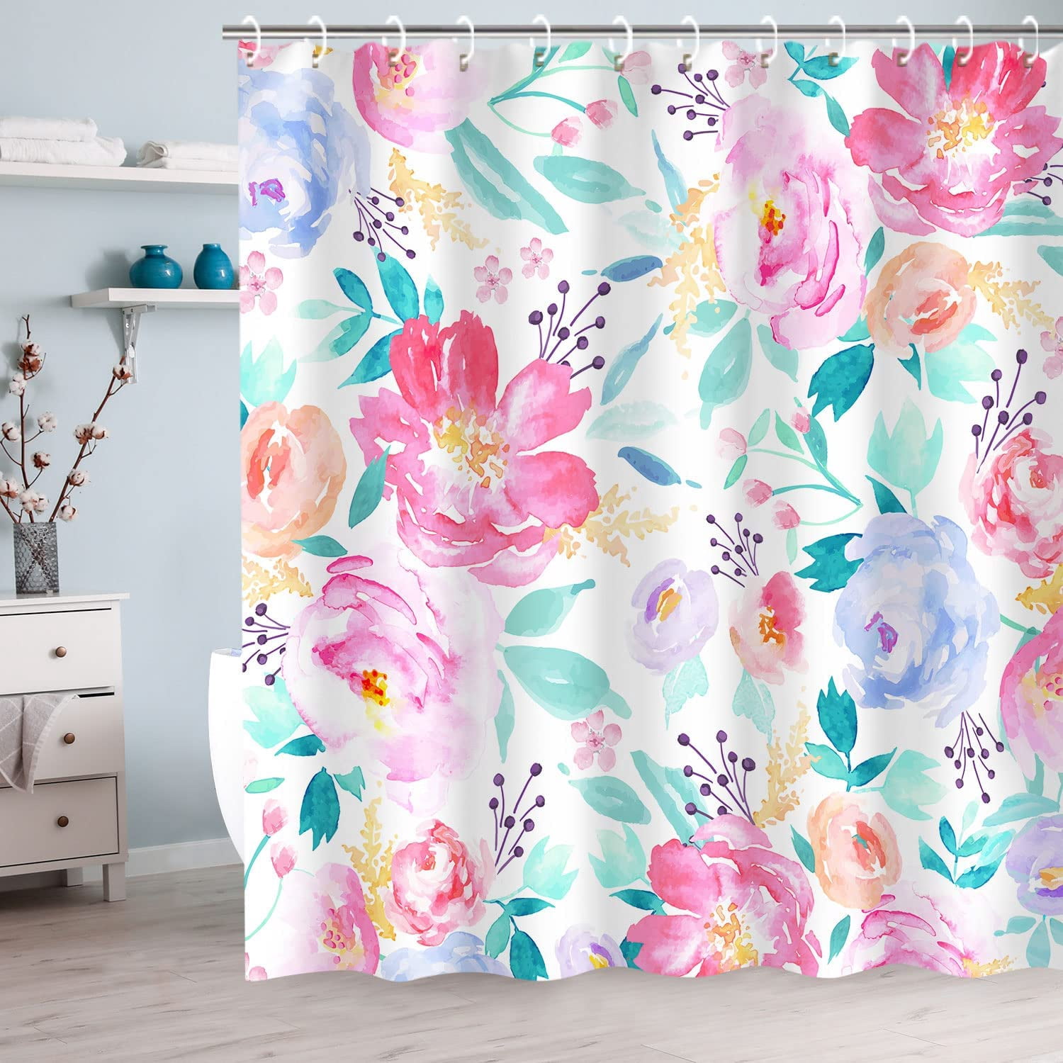 Pink Floral Shower Curtains for Bathroom Flower Shower Curtain Watercolor Girls Shower Curtain Set with Hooks Pretty Colorful Flowered Bathroom Decor, 72" W x 72" H
