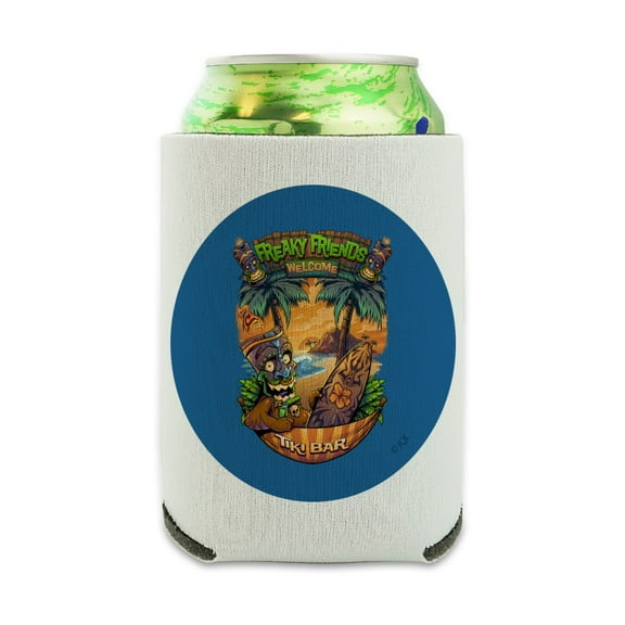 Freaky Friends Tiki Bar Tropical Vacation Can Cooler - Drink Sleeve Hugger Collapsible Insulator - Beverage Insulated Holder