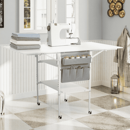 EROMMY 61.4" Foldable Craft Table with Storage, Movable Sewing Table, Home Hobby Folding Table for Craft Room, Fixed Height, White