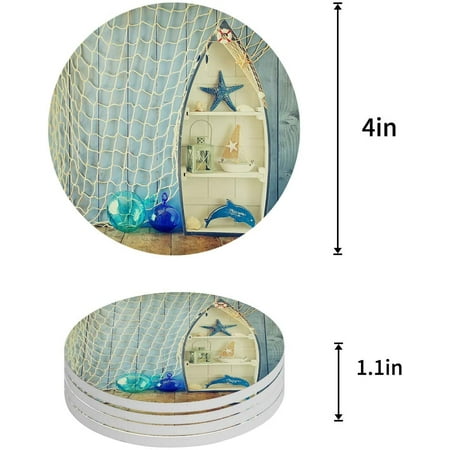 

FMSHPON Nautical Photography Starfish Sailboat Dolphin Shell Blue Fishing Net Set of 4 Round Coaster for Drinks Absorbent Ceramic Stone Coasters Cup Mat with Cork Base for Coffee Table Bar Decor