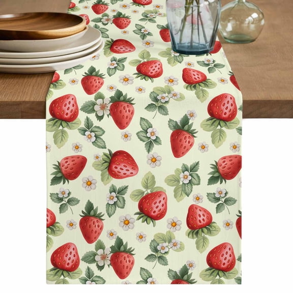 Table Runner - 72 Inch Long, Red Strawberry Kitchen Dining Table Runner Dresser Scarves, Summer Fruits Farmhouse Leaves Flower Pastoral Farmhouse Decor for Coffee Tables Wedding Party Banquet