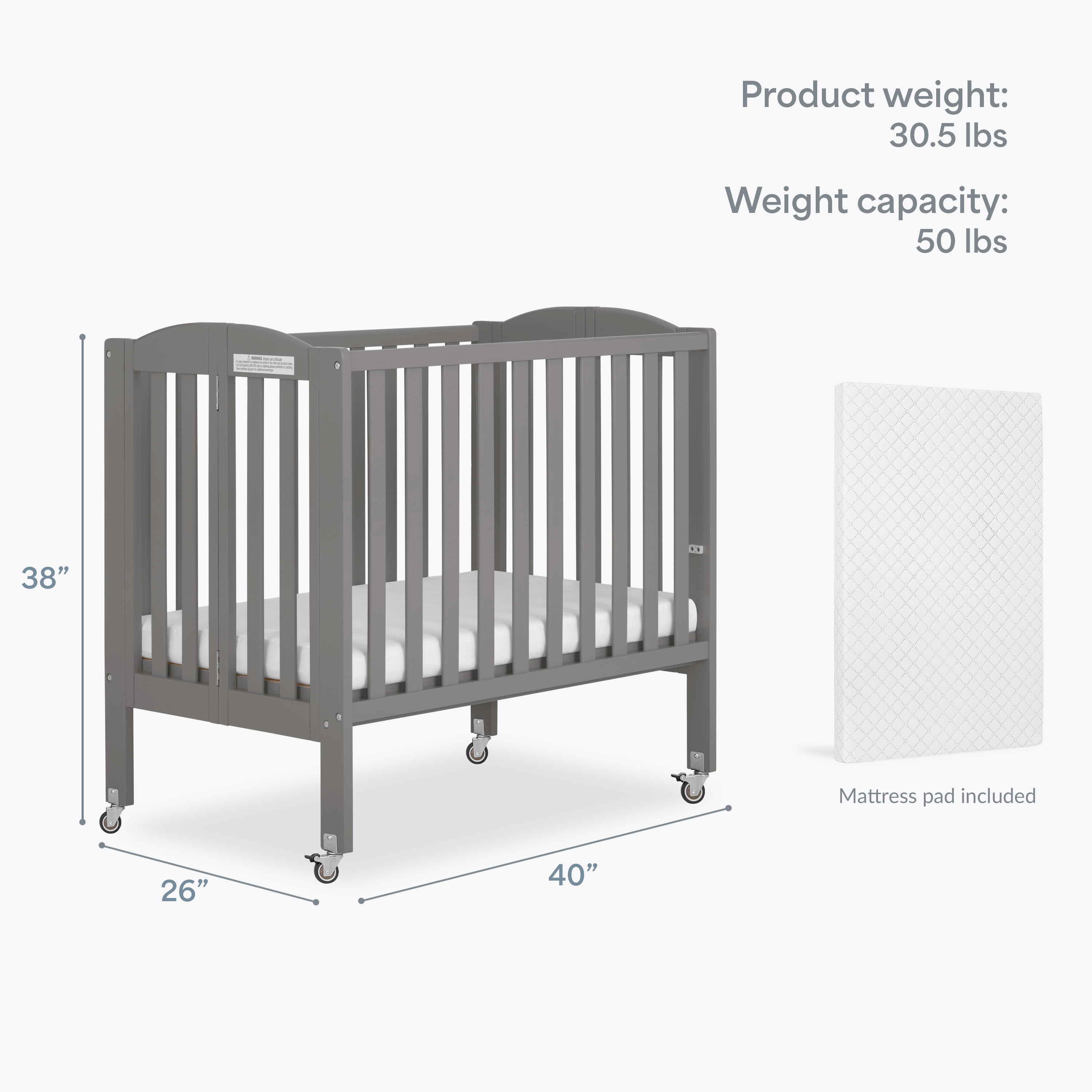 Dream On Me 2-in-1 Folding Portable Mini Crib in Storm Grey, Mattress Pad Included, Easy to Fold and Store Baby Crib, Two Adjustable Mattress Height positions Convertible Crib
