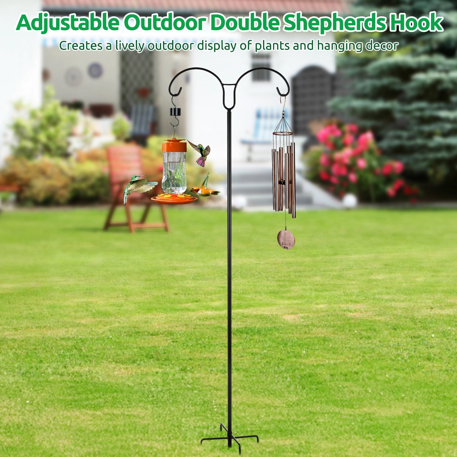 Adjustable Double Shepherds Hook for Outdoor, 98 in Heavy Duty Metal Hanger with 5-Prong Base for Bird Feeders, Two Sided Garden Pole for Hanging Baskets, Lanterns, Wind Chimes