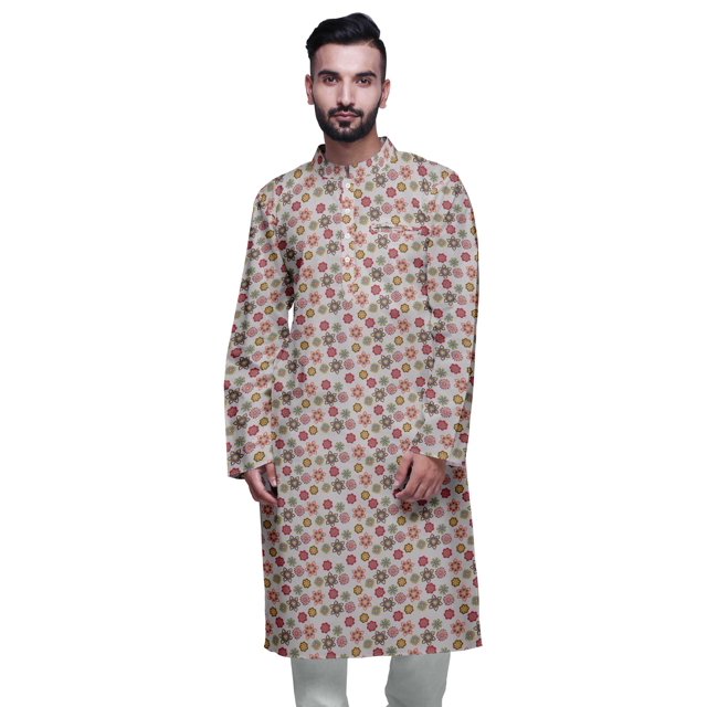 Atasi Kurta Imprimé pour Hommes Col Mandarin Popeline de Coton Kurta Chemise Décontractée