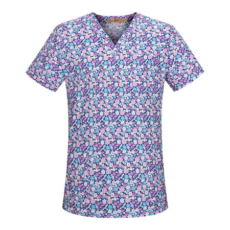 

Women Scrubs Top Working Uniform Nurses Clothing Workwear Short Sleeve V-Neck Cartoon Printed Top Nursed T-Shirts Blouse With Pockets