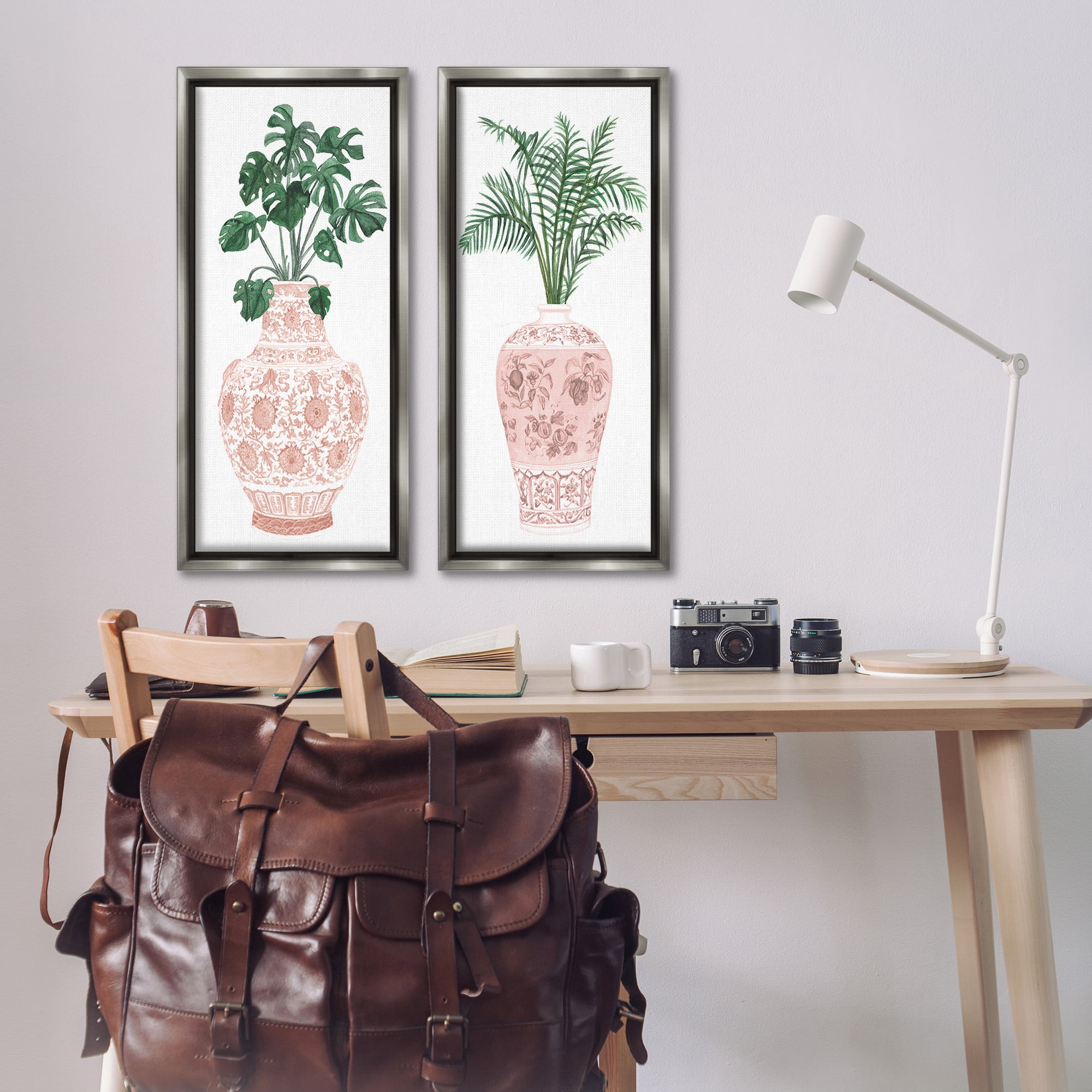 Stupell Industries Plants & Oriental Vases Botanical & Floral Painting Gray Floater Framed Canvas Art Print Wall Art, 14 x 31, Set of 2
